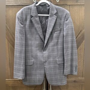 Jos A Bank Blazer 42R Gray Plaid 100% Wool Windowpane Check Excellent Condition